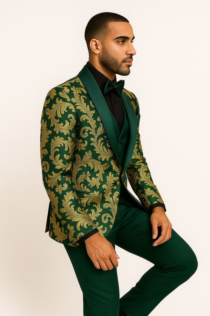 Mens Green and Gold Embroidered Tuxedo - 3-Piece Prom Suit by USA Men's Outlet