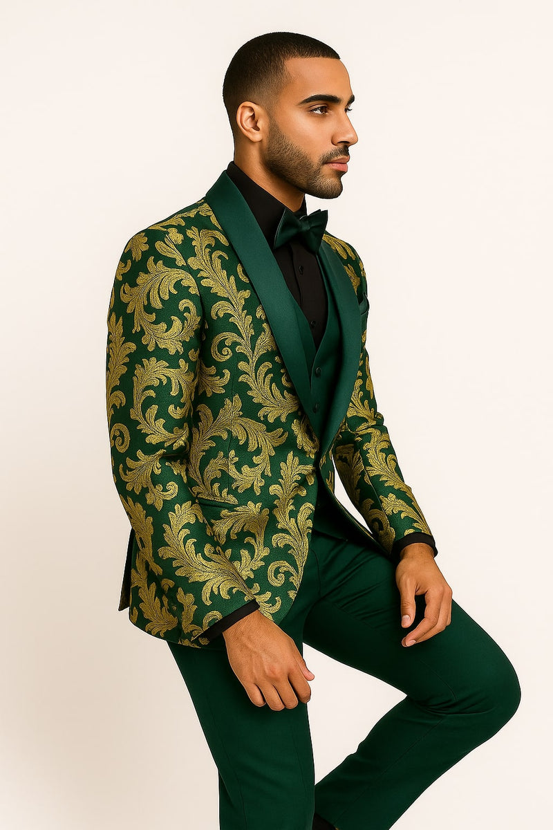 Mens Green and Gold Embroidered Tuxedo – 3-Piece Prom Suit