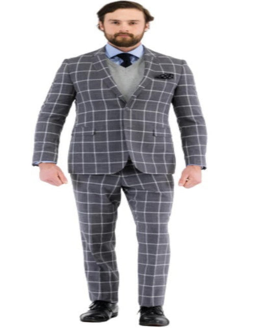 Mens Plaid Suit - Windowpane Pattern With Vest - Business Suit Grey by USA Men's Outlet