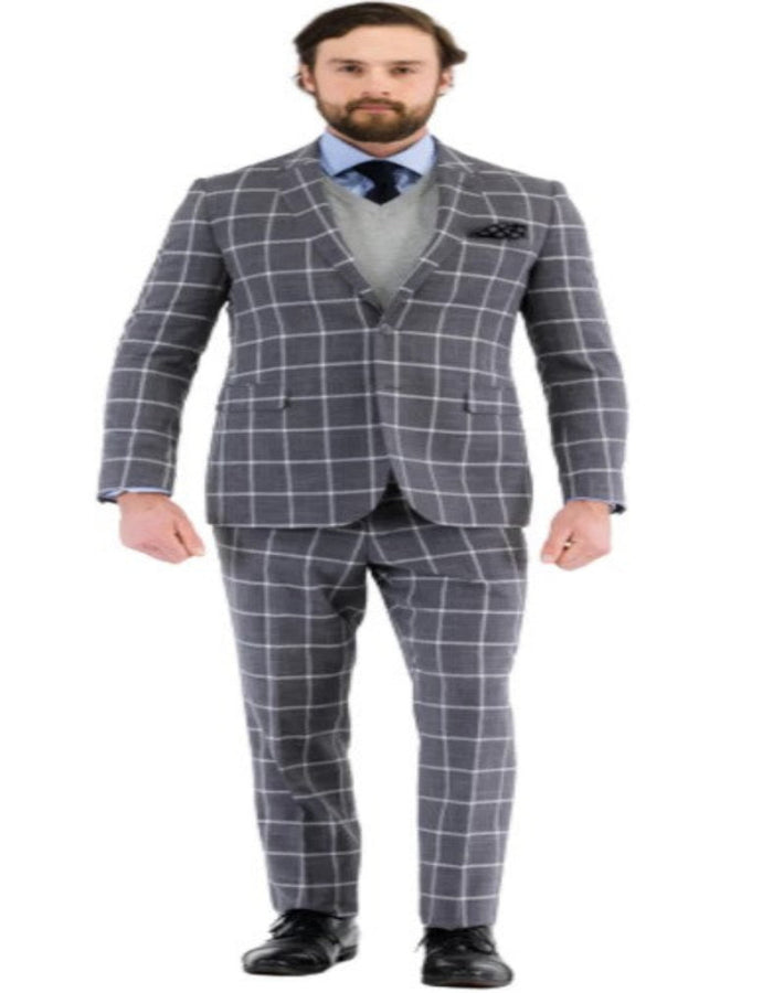 Mens Plaid Suit - Windowpane Pattern With Vest - Business Suit Grey by USA Men's Outlet