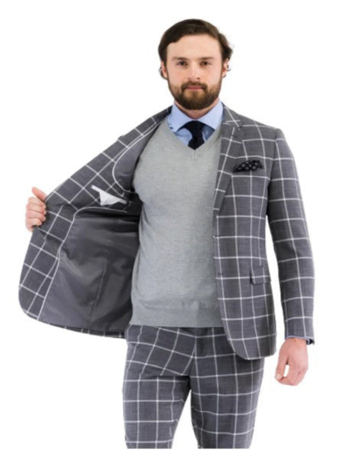 Mens Plaid Suit - Windowpane Pattern With Vest - Business Suit Grey by USA Men's Outlet