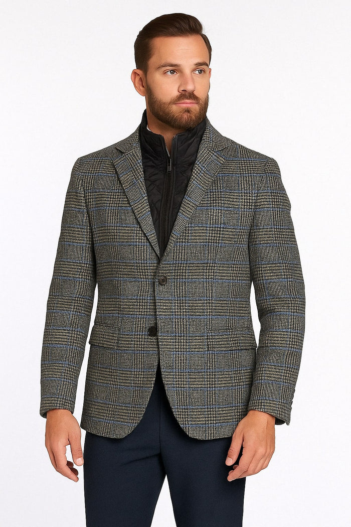 Mens Grey and Blue Glen Check Wool Blazer with Quilted Inner Layer - USA Men's Outlet