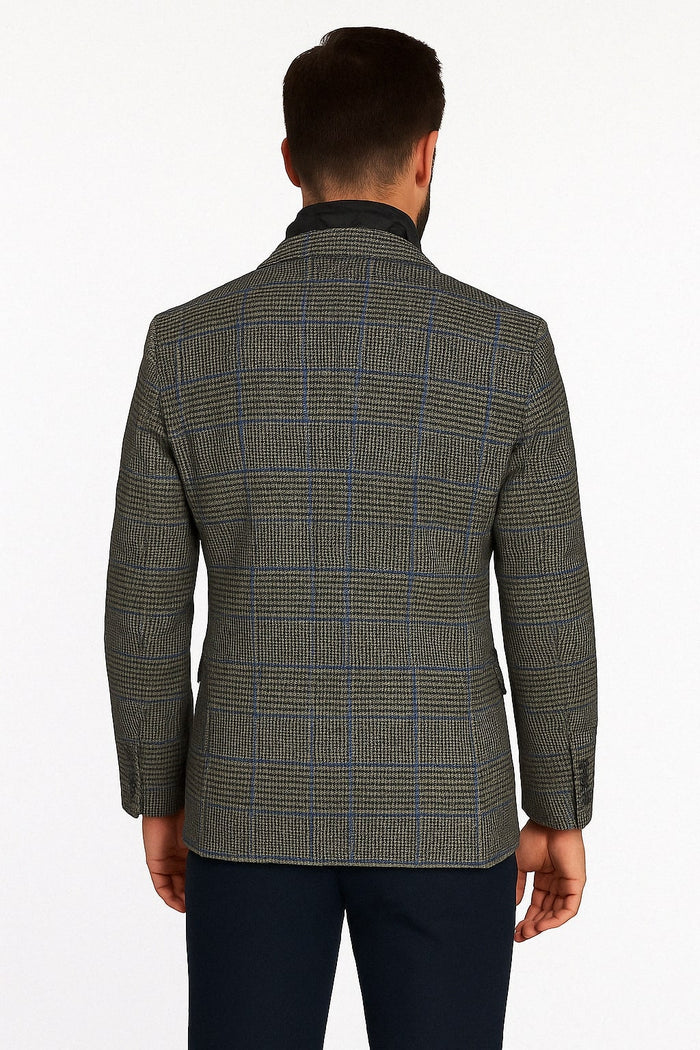 Mens Grey and Blue Glen Check Wool Blazer with Quilted Inner Layer - USA Men's Outlet