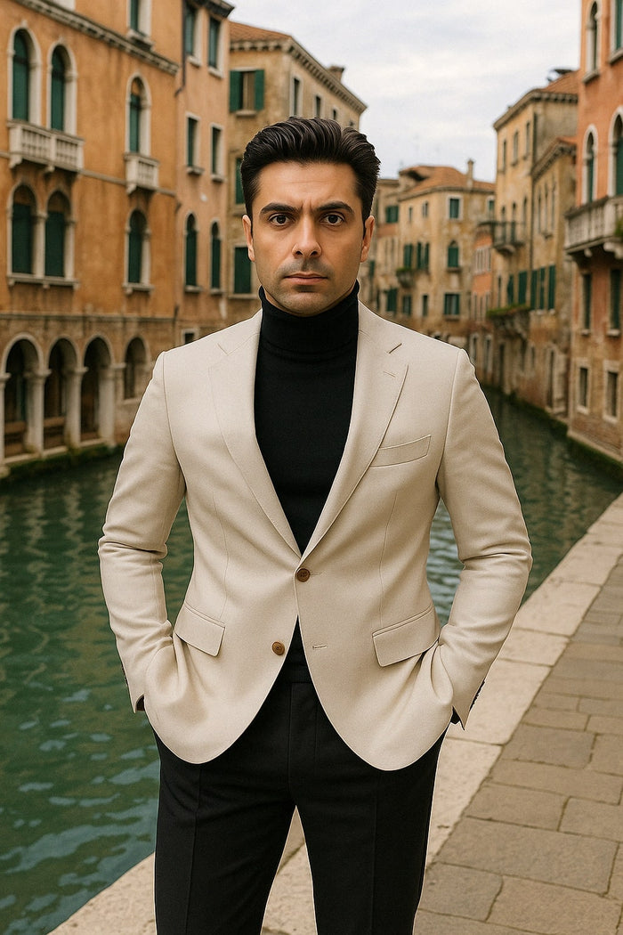 Mens Light Beige Casual Blazer with Slim Fit and Notch Lapel by USA Men's Outlet