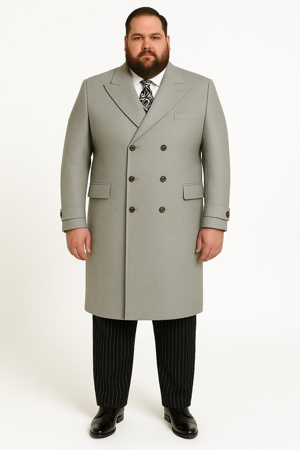 Mens Light Gray Double-Breasted Wool Overcoat – Classic Long Dress Coat for Winter