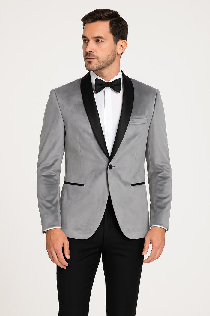 Mens Light Gray Velvet Tuxedo Jacket - Slim Fit Shawl Lapel Formal Blazer + Black Pants Included by USA Men's Outlet