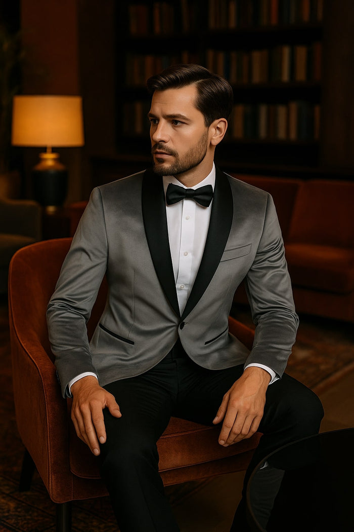 Mens Light Gray Velvet Tuxedo Jacket - Slim Fit Shawl Lapel Formal Blazer + Black Pants Included by USA Men's Outlet
