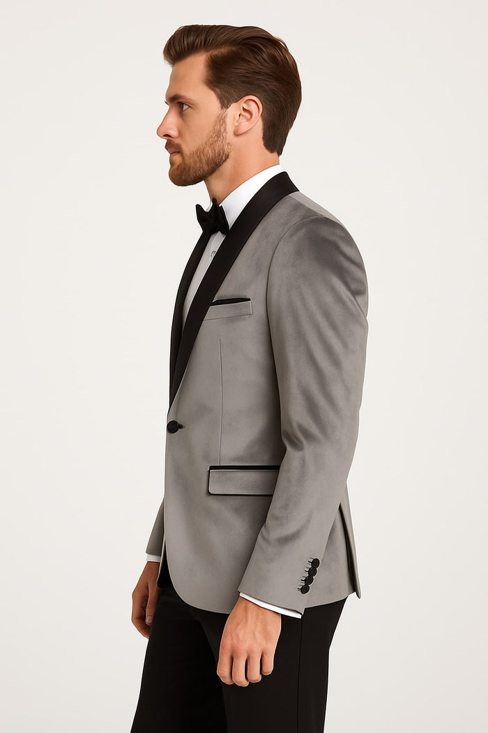 Mens Light Gray Velvet Tuxedo Jacket - Slim Fit Shawl Lapel Formal Blazer + Black Pants Included by USA Men's Outlet