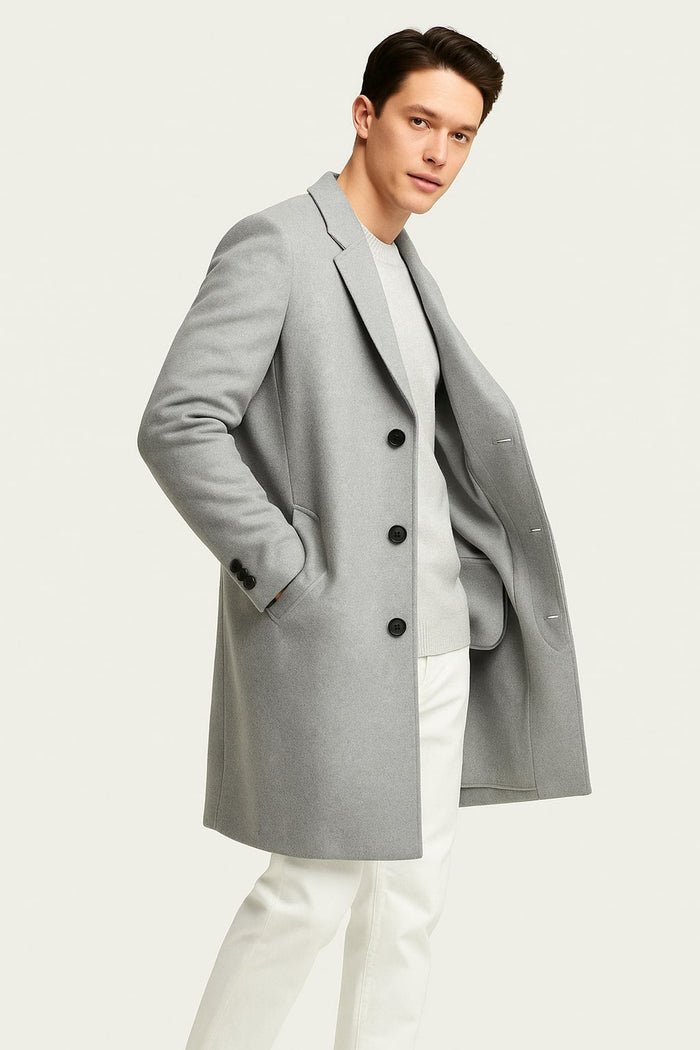 Mens Light Gray Wool Overcoat - Classic Single-Breasted Winter Coat by USA Men's Outlet