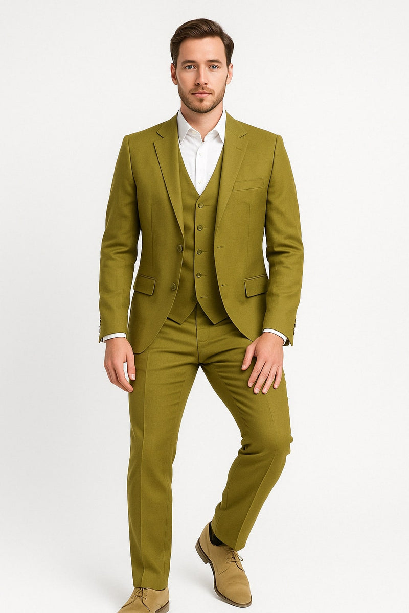 Mens Light Olive Green Linen Suit Three-Piece Style  – Formal Suit with Vest and Flat Front Pants