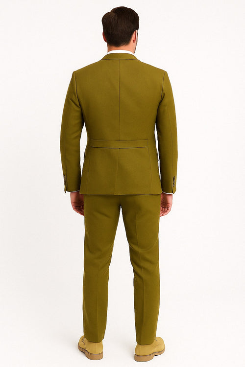 Mens Light Olive Green Linen Suit Three-Piece Style  – Formal Suit with Vest and Flat Front Pants