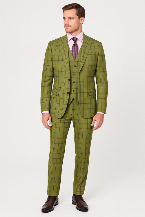 Mens Light Olive Green Three-Piece Plaid Suit with Notch Lapel - Sage Green Windowpane Pattern
