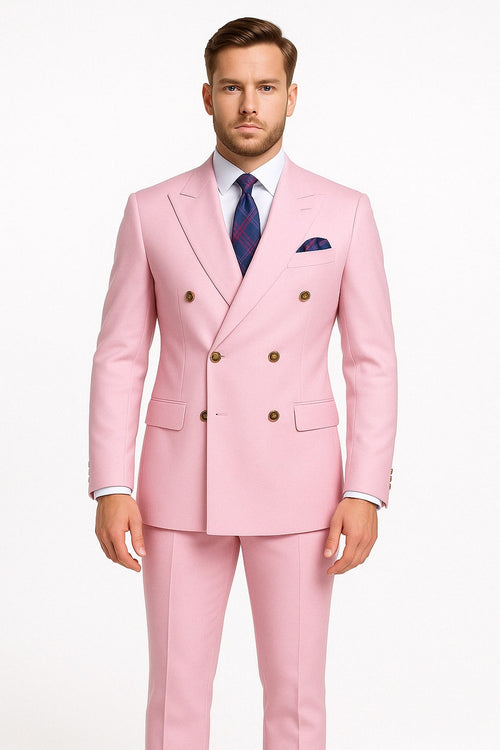 Mens Light Pink Double-Breasted Suit with Gold Buttons - 2-Piece Slim Fit Set by USA Men's Outlet