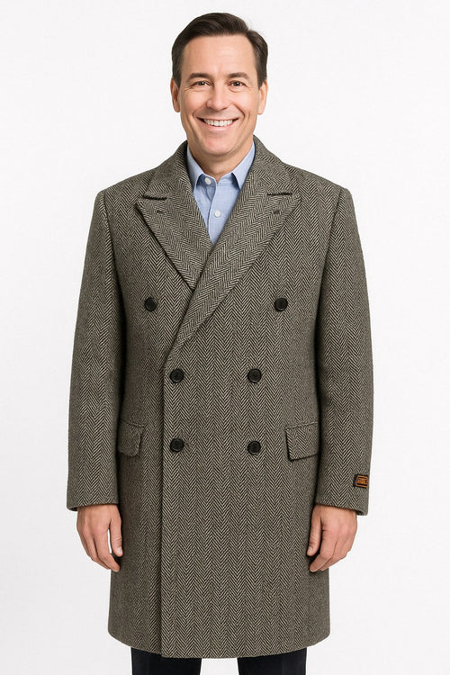 Mens Long Herringbone Wool Overcoat – Classic Double-Breasted Winter Topcoat