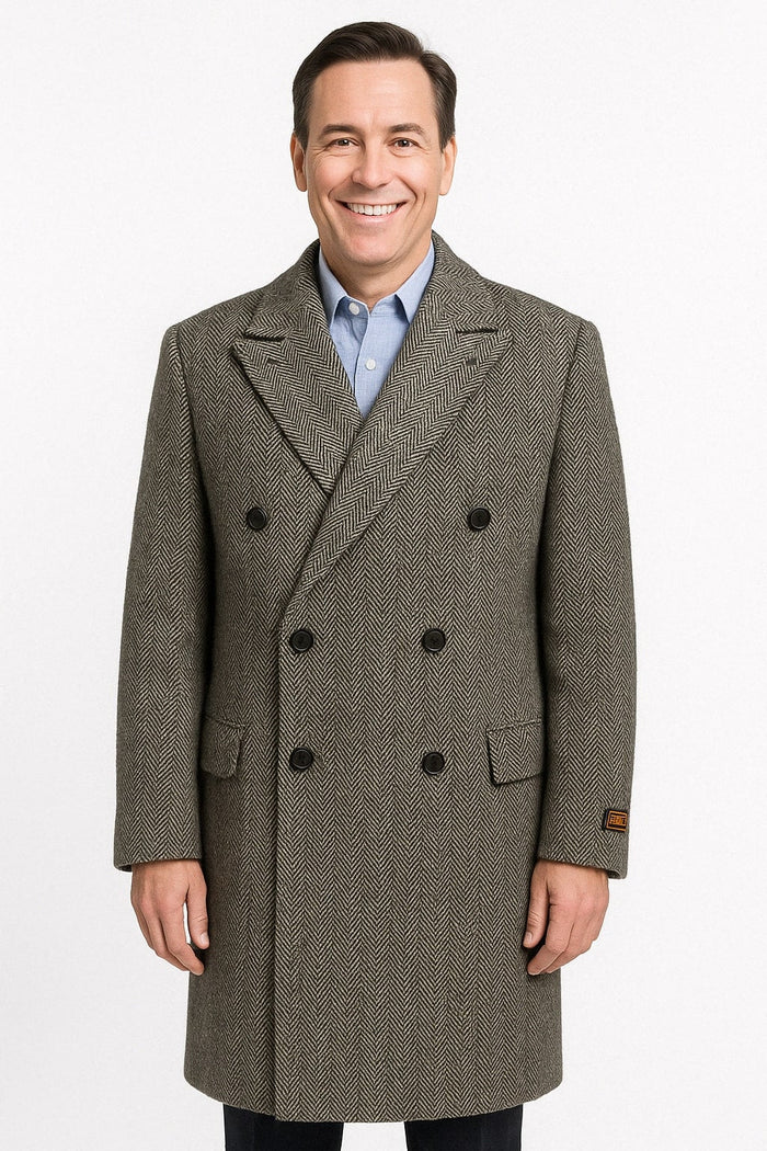 Mens Long Herringbone Wool Overcoat - Classic Double-Breasted Winter Topcoat by USA Men's Outlet