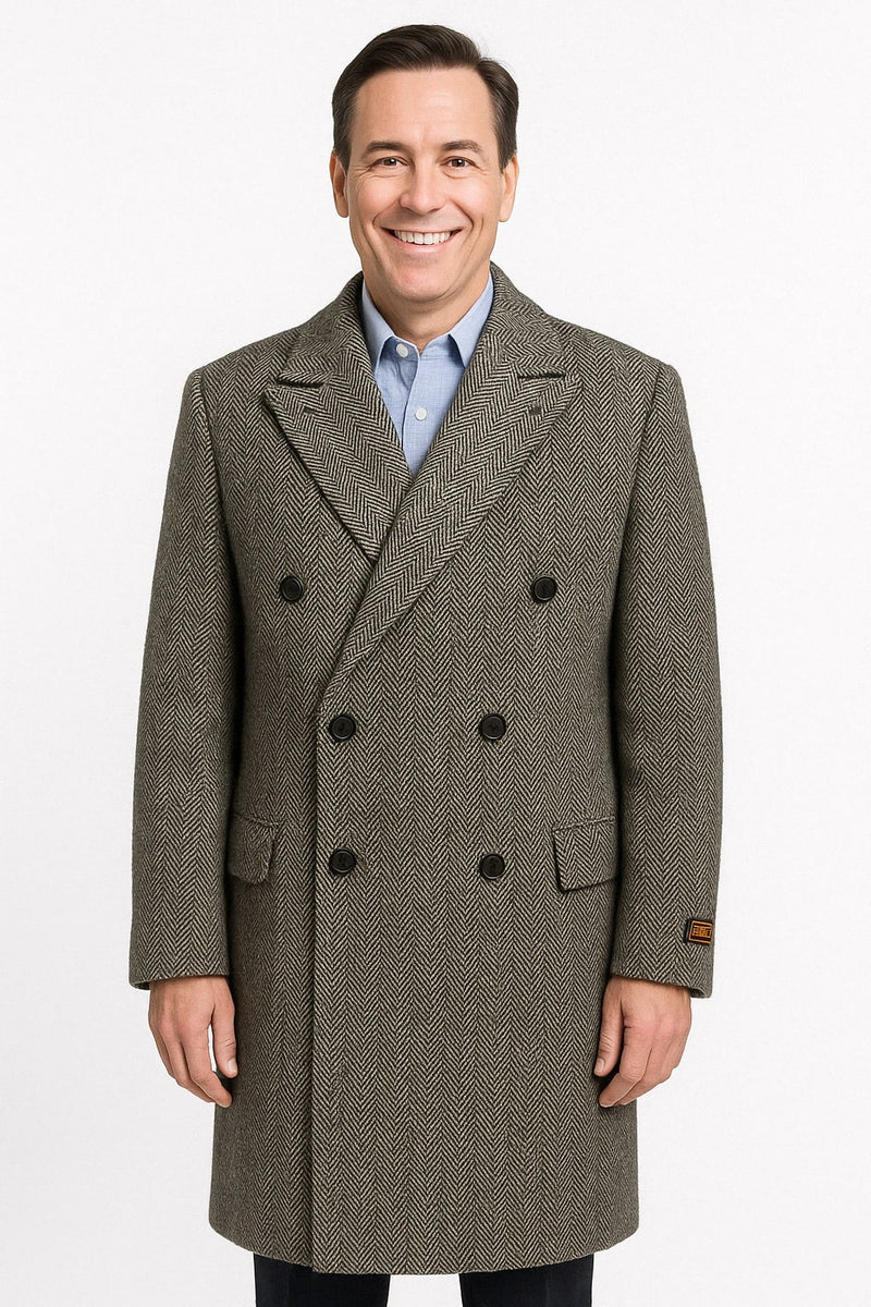 Mens Long Herringbone Wool Overcoat – Classic Double-Breasted Winter Topcoat