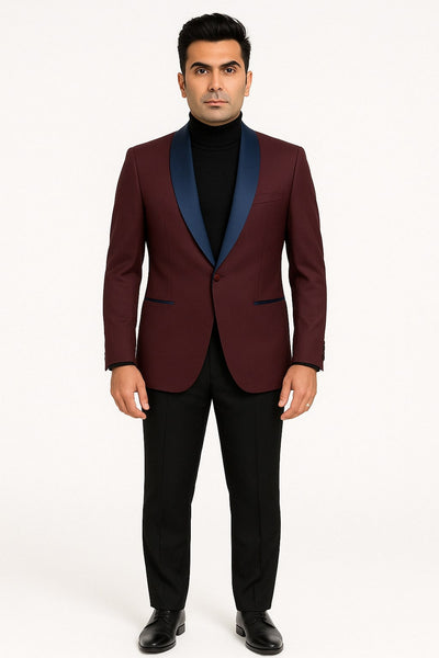 Mens Maroon Tuxedo Jacket with Blue Satin Shawl Lapel – Slim Fit Formal Blazer in Burgundy and Navy Blue