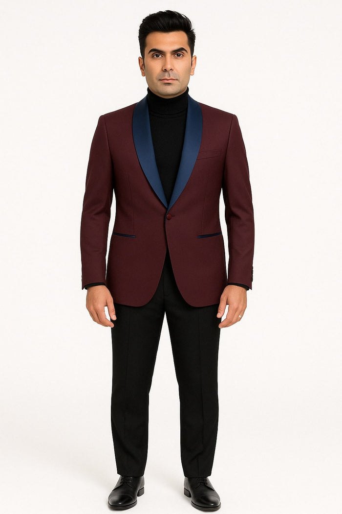 Mens Maroon Tuxedo Jacket with Blue Satin Shawl Lapel - Slim Fit Formal Blazer in Burgundy and Navy Blue by USA Men's Outlet