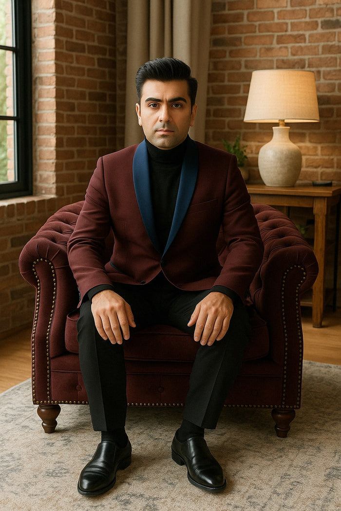 Mens Maroon Tuxedo Jacket with Blue Satin Shawl Lapel - Slim Fit Formal Blazer in Burgundy and Navy Blue by USA Men's Outlet