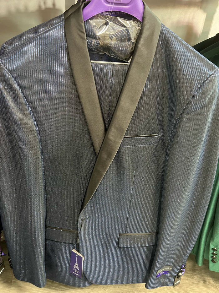 Mens Midnight Blue Stripe Tuxedo Jacket with Black Satin Shawl Lapel - Shiny Formal Party Suit by USA Men's Outlet
