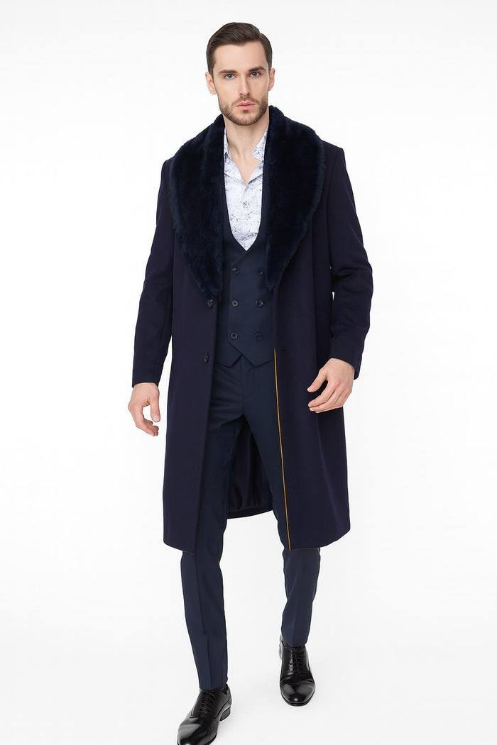 Mens Navy Blue Overcoat with Faux Fur Collar - Luxury Long Winter Coat for Formal and Casual Wear Topcoat by USA Men's Outlet