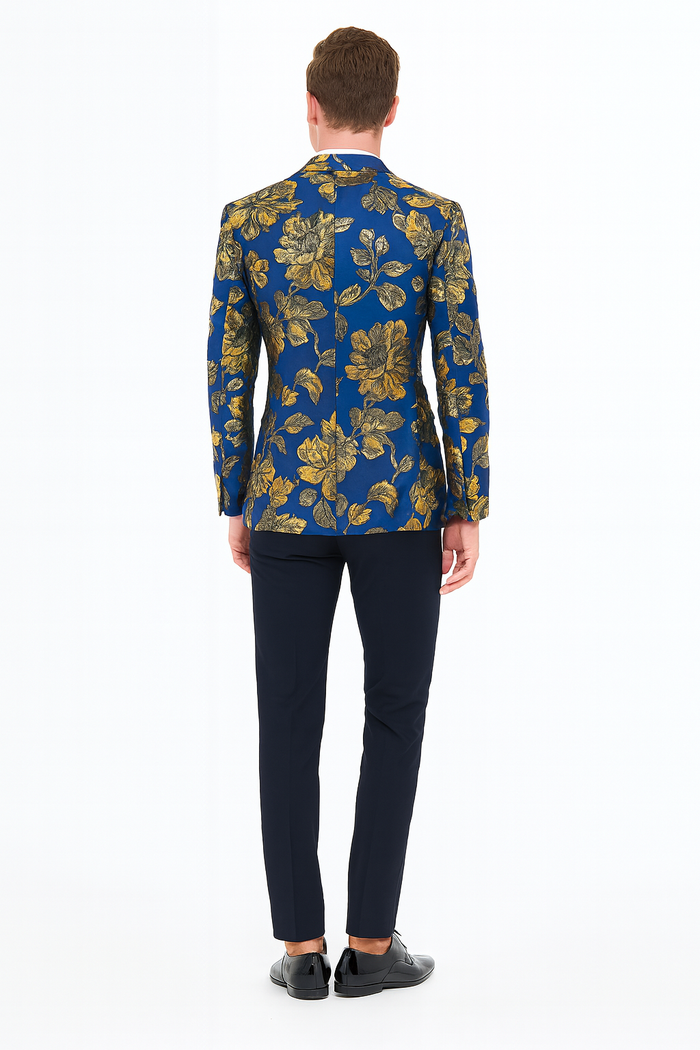 Mens Navy Blue and Gold Floral Tuxedo Jacket - Luxury Slim Fit Blazer with Gold Pattern Paisley Pattern Matching Bowtie by USA Men's Outlet