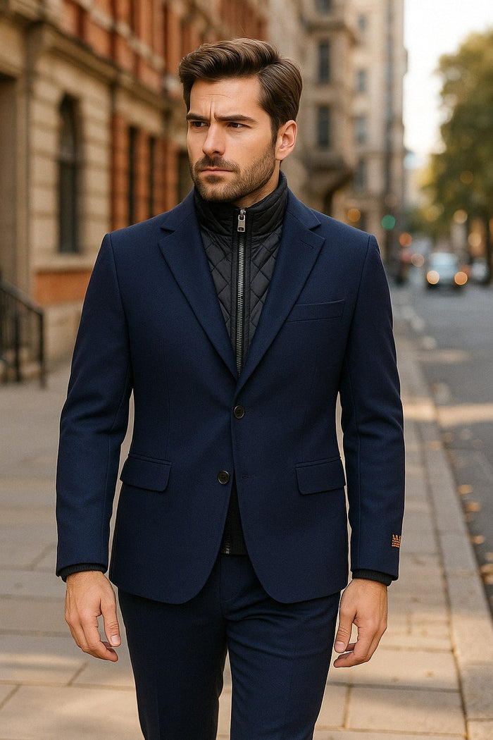 Mens Navy Cashmere and Wool Blazer with Quilted Zip-Up Inner Layer - Two Button Style Notch Lapel by USA Men's Outlet