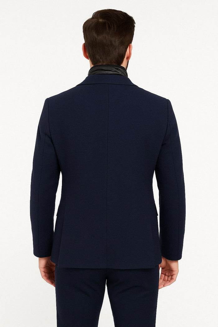 Mens Navy Cashmere and Wool Blazer with Quilted Zip-Up Inner Layer - Two Button Style Notch Lapel by USA Men's Outlet