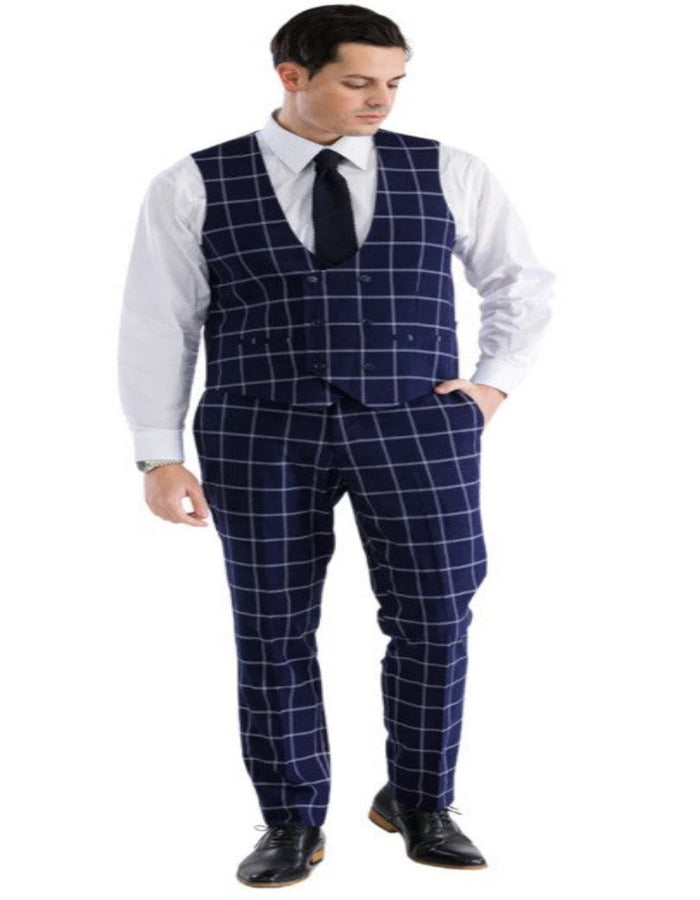 Mens Plaid Suit - Windowpane Pattern With Vest - Business Suit Navy by USA Men's Outlet