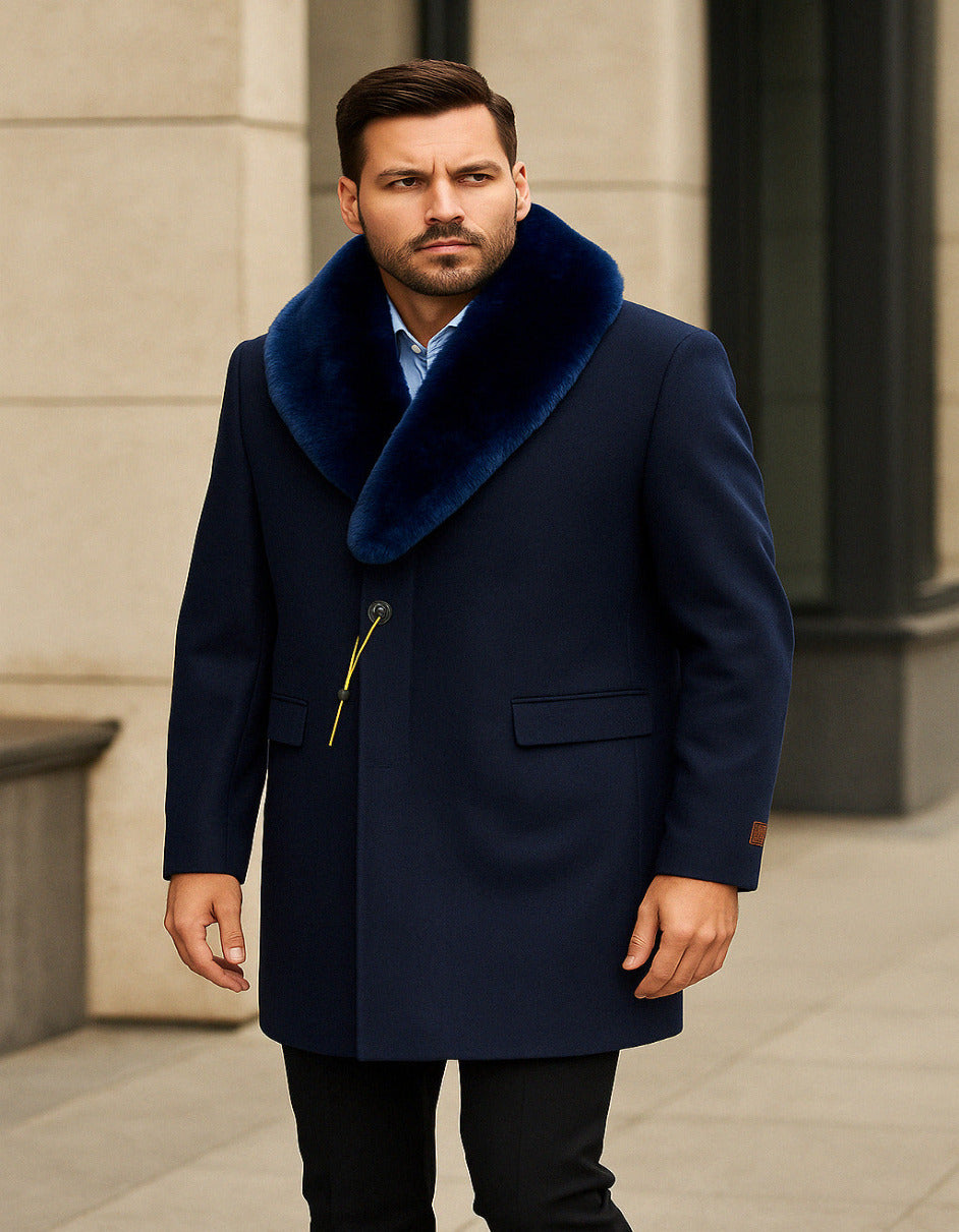 Mens Navy Wool Overcoat with Royal Blue Faux Fur Shawl Collar Cashmere Carcoat – SuitUSA