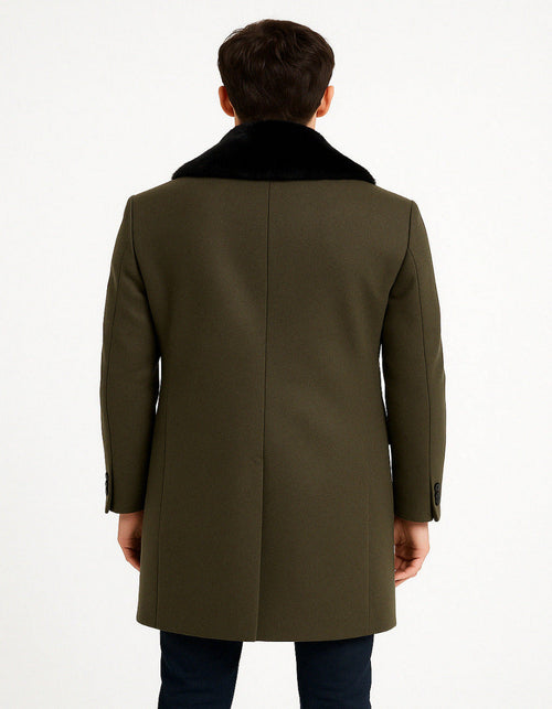 Mens Olive Green Wool Overcoat with Black Faux Fur Shawl Collar - Double Breasted Winter Coat by USA Men's Outlet