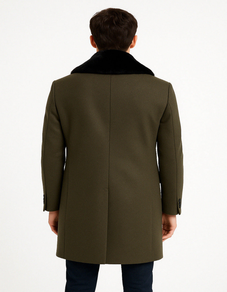 Mens Olive Green Wool Overcoat with Black Faux Fur Shawl Collar - Double Breasted Winter Coat by USA Men's Outlet