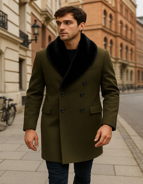Mens Olive Green Wool Overcoat with Black Faux Fur Shawl Collar - Double Breasted Winter Coat by USA Men's Outlet