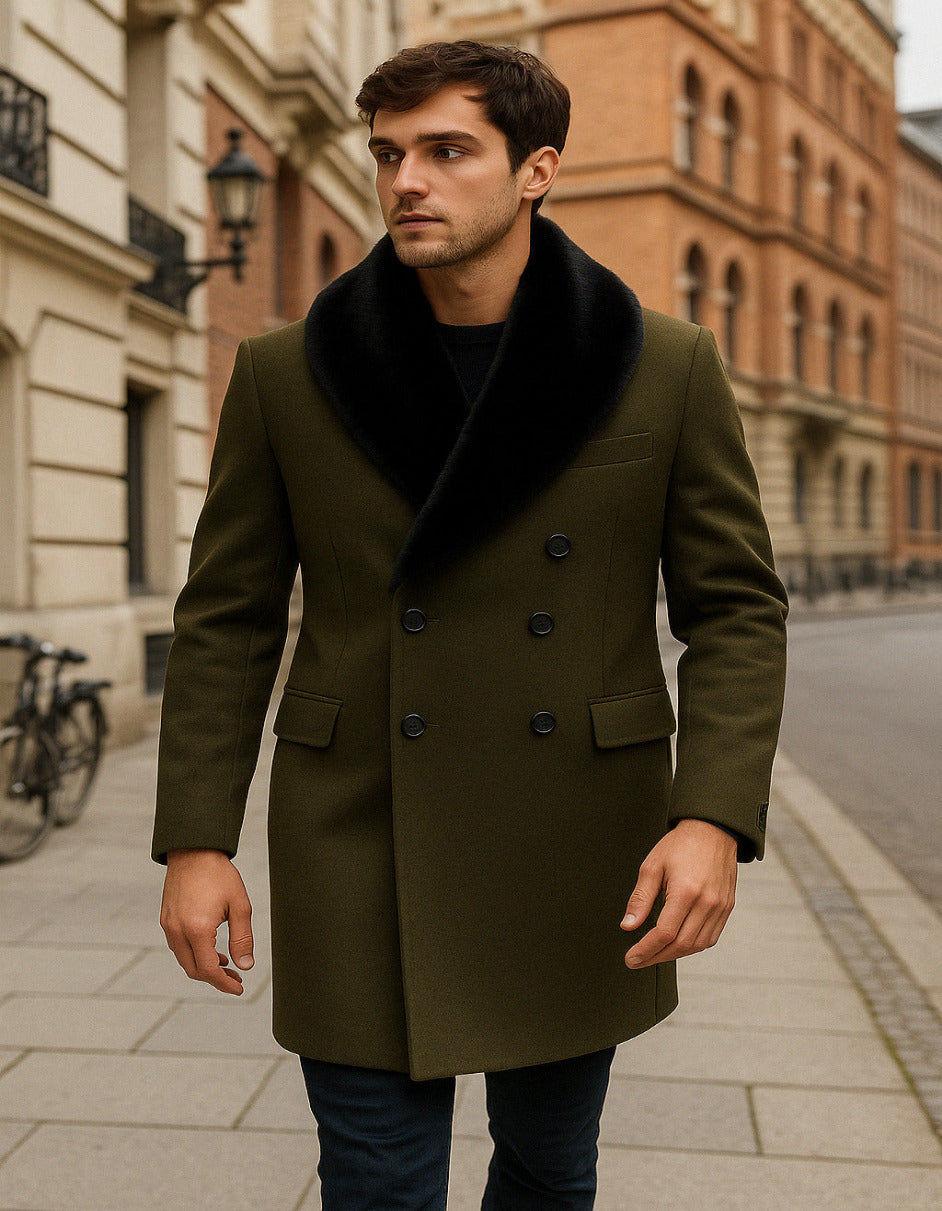 Mens Olive Green Wool Overcoat with Black Faux Fur Shawl Collar - Double Breasted Winter Coat by USA Men's Outlet