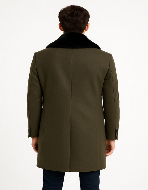Mens Olive Green Wool Overcoat with Black Faux Fur Shawl Collar – Double Breasted Winter Coat