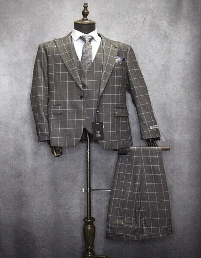 Mens One Button Peak Lapel Plaid Pattern Suit Tan ~ White ~ Blue by USA Men's Outlet
