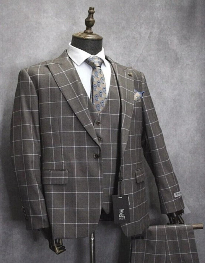 Mens One Button Peak Lapel Plaid Pattern Suit Tan ~ White ~ Blue by USA Men's Outlet