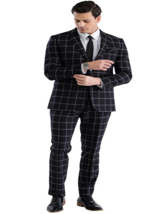 Mens Plaid Suit - Windowpane Pattern With Vest - Business Suit Black by USA Men's Outlet