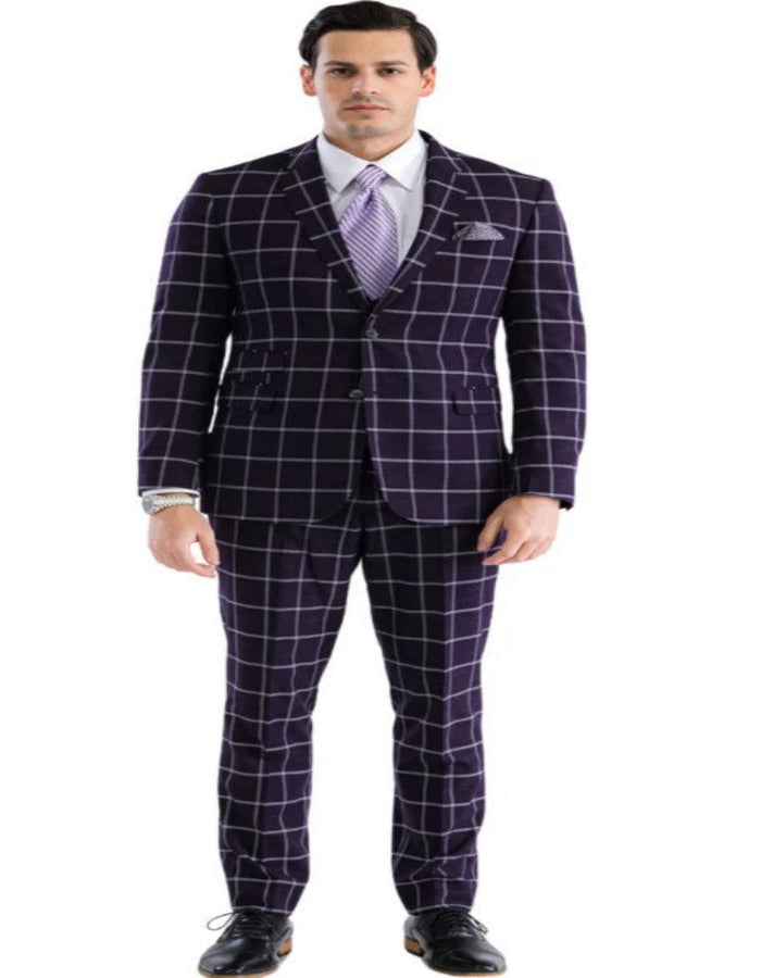 Mens Plaid Suit - Windowpane Pattern With Vest - Business Suit Burgundy by USA Men's Outlet