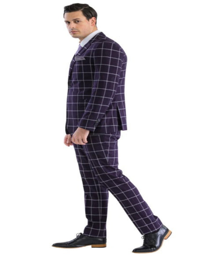 Mens Plaid Suit - Windowpane Pattern With Vest - Business Suit Burgundy by USA Men's Outlet