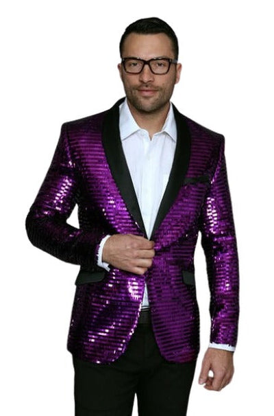 Men's Purple Shiny Sequin Paisley 1 Button Blazer Dinner Jacket Sport Coat Jacket Sharkskin Flashy Stage Available in Peak Lapel