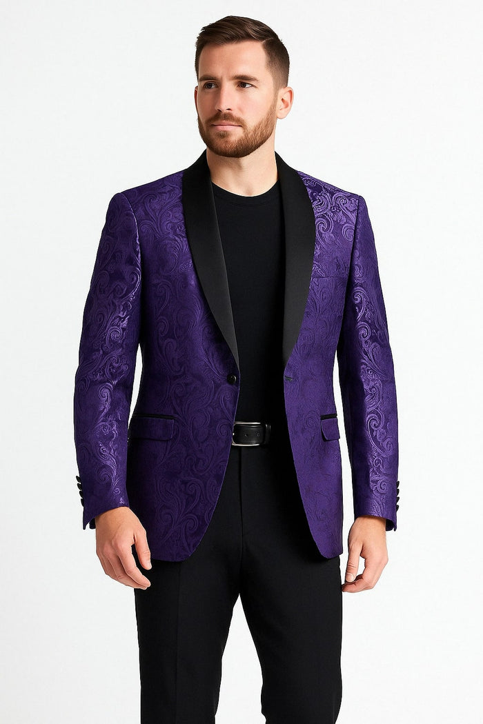 Mens Purple Paisley Pattern Blazer Jacket - Satin Finish by USA Men's Outlet