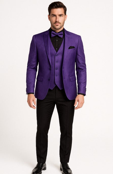 Mens Purple Paisley Tuxedo – 3 Piece Suit with Bow Tie and Black Pants | Wedding & Prom Outfit - Slim Fitted