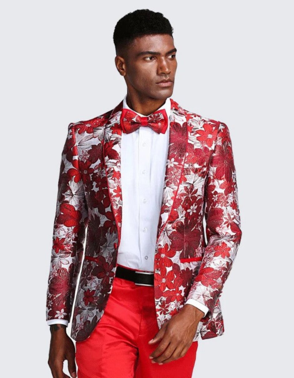 Red One Button Floral Tuxedo Jacket Slim Fit - Wedding - Prom by USA Men's Outlet