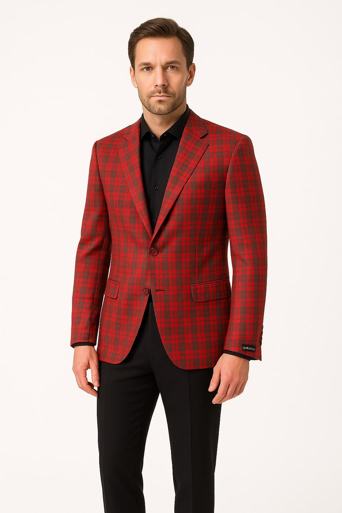 Mens Red Plaid Modern Fit Windowpane Check Blazer - Christmas Holiday Sport Coat Tartan Look USA Men's Outlet
