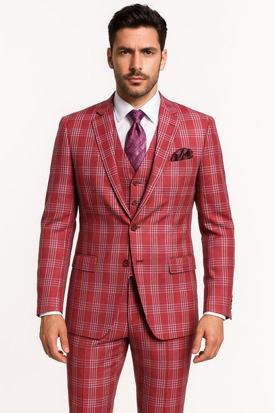 Mens Red Plaid Three-Piece Suit – Bold Checkered Pattern with Vest and Matching Pants