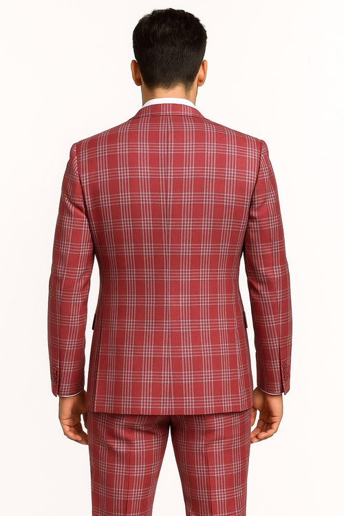 Mens Red Plaid Three-Piece Suit - Bold Checkered Pattern with Vest and Matching Pants by USA Men's Outlet