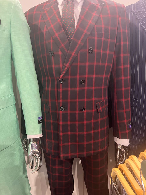 Mens Red and Black Plaid Double-Breasted Suit - Slim Fit Checkered 2 Piece Formal Business Outfit by USA Men's Outlet