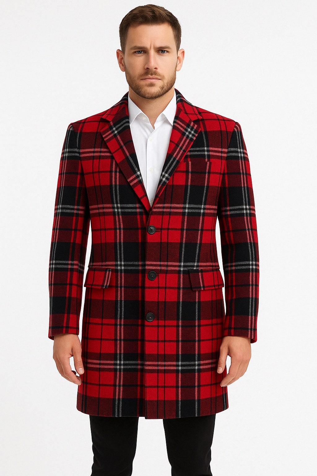 Mens Red and Black Plaid Wool Overcoat with Notch Lapel by USA Men's Outlet