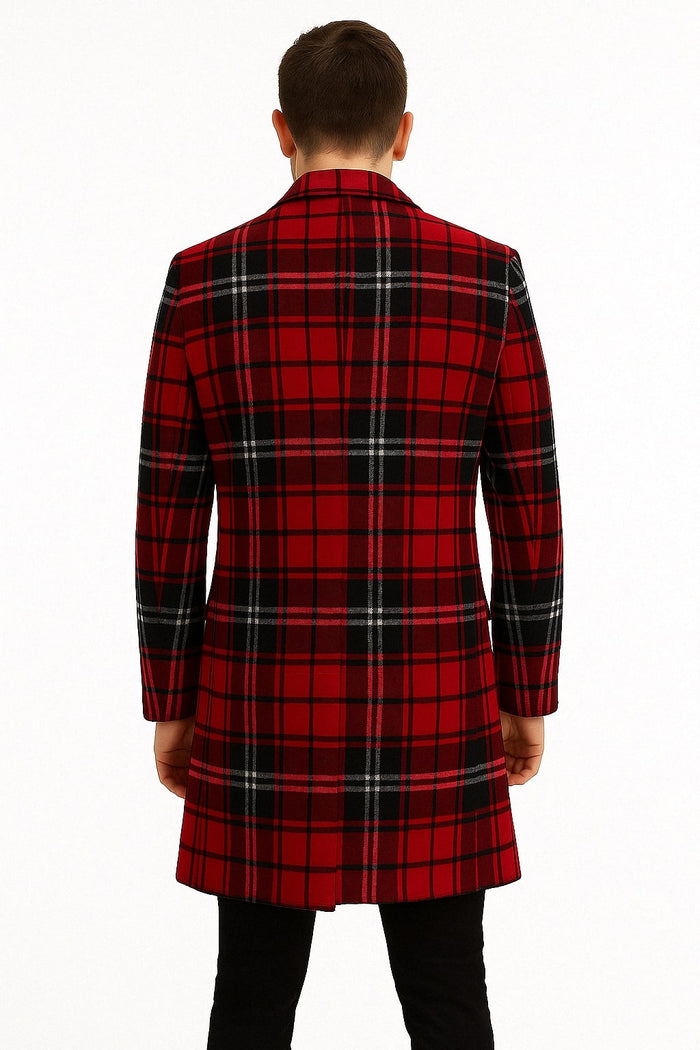 Mens Red and Black Plaid Wool Overcoat with Notch Lapel by USA Men's Outlet